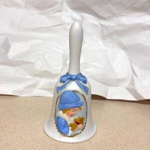 Vintage Jasco Bisque Porcelain bell girl Holding bear w/Blue Ribbon EUC VTG bell